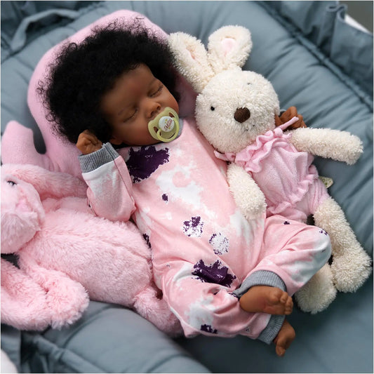 JIZHI Lifelike Newborn Black Baby Doll - 17-inch Soft Cloth & Curly Hair
